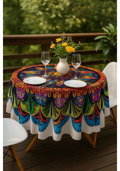 Yuvarlak Etnik Desenli Duck Kumaş Masa Örtüsü 150x150 Cm Çok Renkli