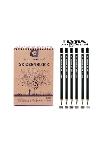 Alex Schoeller A5 60 Yaprak Kraft Eskiz Defteri Lyra Art Design Dereceli Kalem Çizim Seti