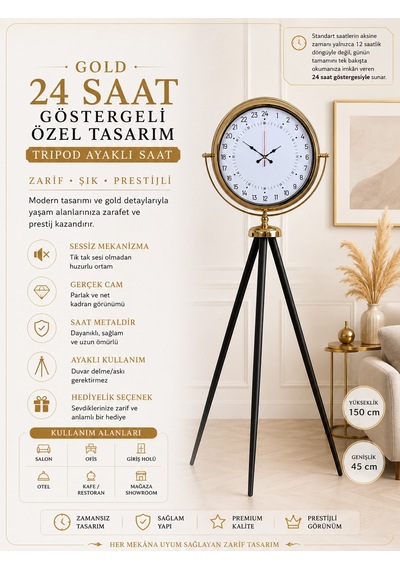 Gold 24 Saat Göstergeli Özel Tasarım Tripod Ayaklı Saat