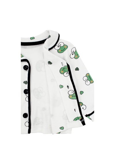 Bebegen Unisex Ekru Yeşil Kurbağa Desenli Kruvaze Yaka Pijama Takımı Çok Renkli