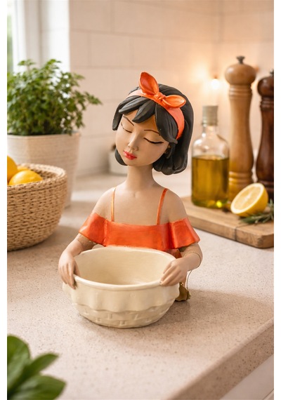 El Yapımı Seramik Kız Figürlü Kase Soft Coral Bow Çok renkli