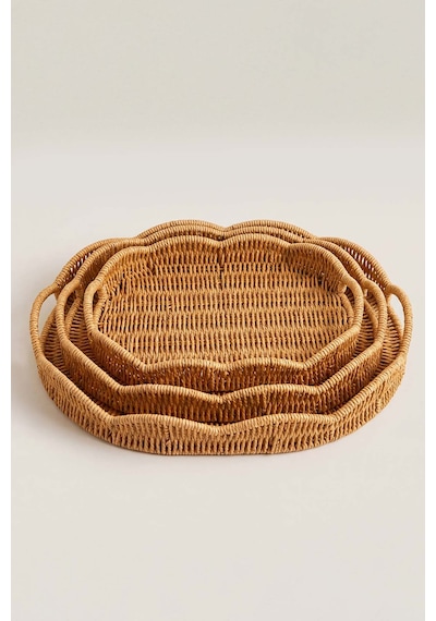 Oval Rattan Örme 3'lü Dekoratif Sunum Tepsisi Seti Sarı