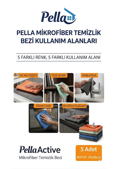 Pella Active Mikrofiber Temizlik Bezi 5'li Paket 30x40 Cm Turuncu - Turkuaz - 2 X Gri - Lacivert