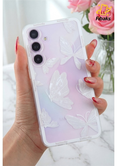 Fibaks Galaxy A54 Uyumlu Kılıf Kamera Korumalı Şeffaf Kelebek Desenli Esnek Yumuşak Silikon Kapak