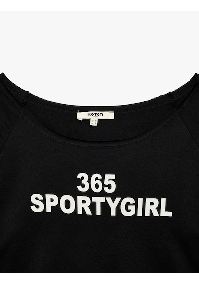 Koton Rahat Kalıp Kısa Kollu Kayık Yaka Baskılı Crop Spor Tişört Siyah 7wak10202nk