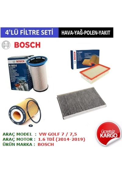 Vw Golf 7 1.6 Tdi Filtre Bakım Seti 2013-2020 4'lü Set Hava + Yağ + Polen + Mazot