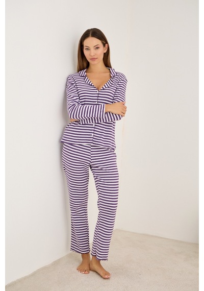 Siyah İnci Fırçalı Soft Fitilli Kaşkorse Hırka Pijama Takım Mor Beyaz