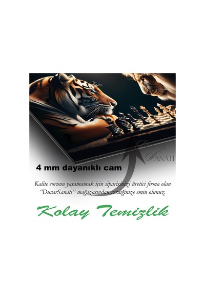 Aslan Ve Kaplan Satranç Cam Tablo Evlika Modern Ev Ofis Salon Hediyelik Büyük Tablo Duvar Dekoru