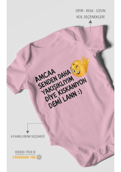 Morivokids Amaa Senden Daha Yazılı Kısa Kollu Bebek Body %100 Pamuk Koyu Pembe