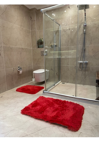 Tavşan Kırmızı Kaymaz Tabanlı 2'li Banyo Halısı Seti