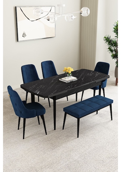 Mabel Siyah Mermer Desen 80x132 Açılabilir Yemek Odası Takımı 4 Sandalye, 1 Bench Lacivert Mabel Siyah Mermer Desen 80x132 Açılabilir Yemek Odası Takımı 4 Sandalye, 1 Bench Lacivert