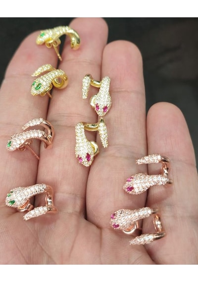 Yeşil Gözlü Gümüş Yılan Küpe Pembe Altın
