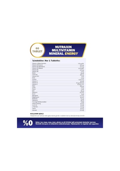 Ayrex Nutraxin Multivitamin Mineral Energy Ginseng, Coq-10, L-karnitin, Taurin Ve 24 Vitamin-mineral İçeren Enerji