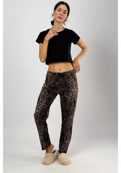 Kadın Kadife Pijama Altı Eşofman Pamuklu Leopar