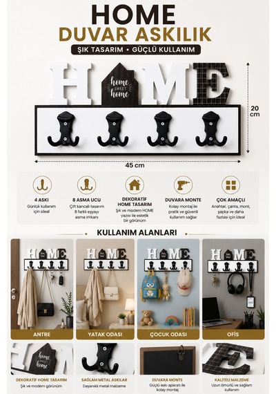 Home Dekoratif Duvar Askılığı 4 Lü 8 Asma Uçlu Mont Çanta Anahtar Askısı 45x20 Cm Gri