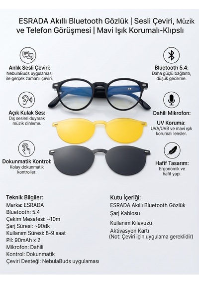 Esrada Akıllı Bluetooth Gözlük Sesli Çeviri, Müzik Ve Telefon Görüşmesi Mavi Işık Korumalı- Klıpslı Es222 C01 49