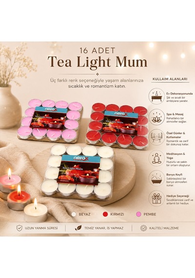 16 Parça Kırmızı Tea Light Yuvarlak Mum 5639 .