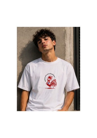 Qmen Style Unisex Beyaz Oversize Baskılı T-shirt Espirili Horoz Baskılı %100 Pamuk