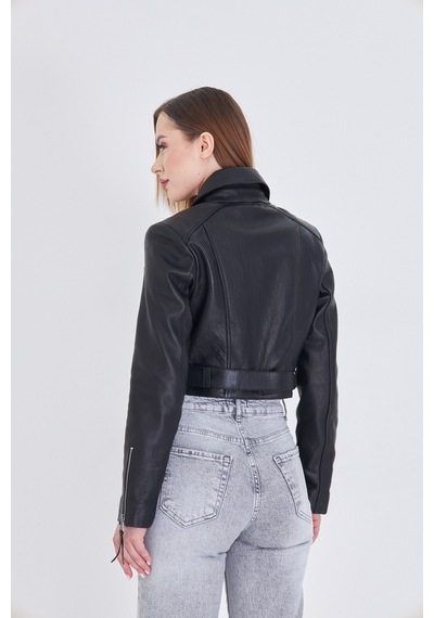 M M Marki Marki Kadın Siyah Hakiki Deri Crop Ceket Biker Stil, Kruvaze Yaka, Kemerli, 52 Cm - 117622