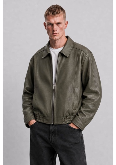Ohepmoda Oversize Rahat Kalıp Lastikli Erkek Deri Ceket Haki