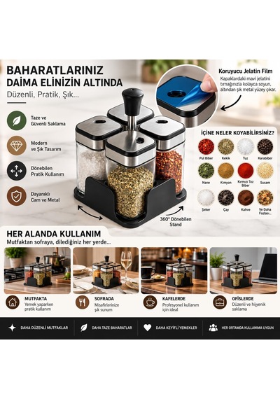 Ivory 4 Lü Standlı Baharatlık Seti, 360 Döner Baharat Organizeri, Cam Hazneli Metal Kapaklı Tuzluk Baharat Saklama Kabı, Mutfak Tezgah Üstü Düzenleyici, Şık Ve Pratik Tasarım Gümüş