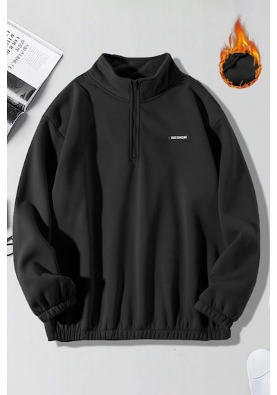 Ghassy Co. Erkek Yarım Fermuarlı Oversize Bel Ve Kol Lastikli İçi Polarlı Sweatshirt Siyah