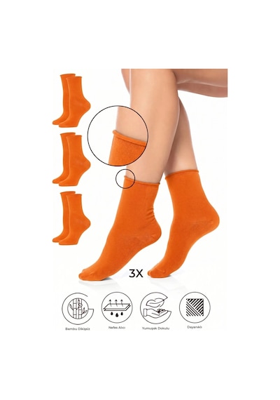 Saysez Bambu Kadın Lastiksiz Turuncu Soket Dikişsiz Premium Çorap 3'lü Paket / İz Bırakmaz / Sıkmayan Çorap