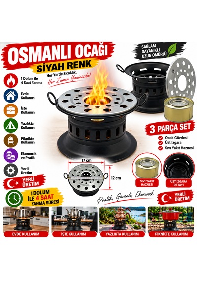 Osmanlı Ocağı Siyah Renk Evde İşte Yazlıkta Piknikte Kullanılır 1 Dolum İle 4 Saat Yanma Yerli Üretim