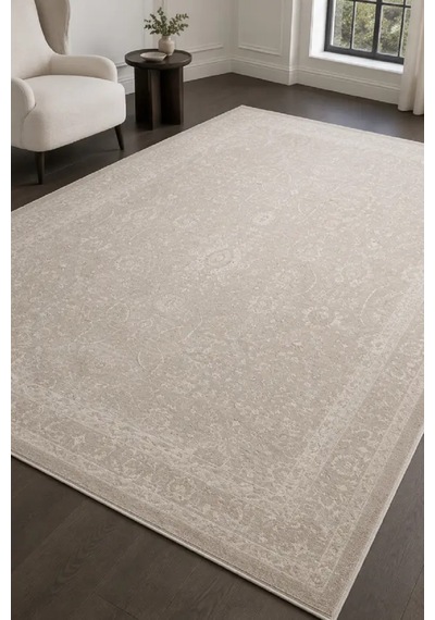 Zes Collection Modern Vintage Desenli Eskitme Dokuma Yumuşak Salon Halısı Bej - Krem