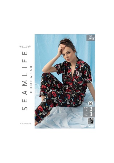Seamlife Kadın Kısa Kol Dokuma Gömlek Pijama Takımı Siyah - Çok Renkli