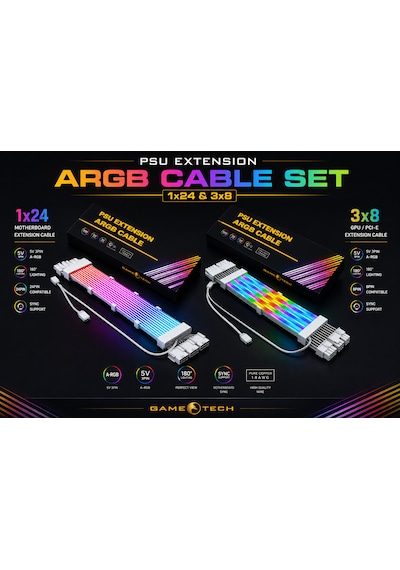 Gametech A-rgb Sleeved Kablo Set Rgb Uzatma Kablo 1x24 Pin Anakart + 3x8 Pin Ekran Kartı