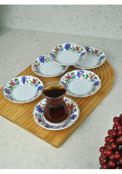 6'lı Porselen Çay Tabağı Lale Motifli Osmanlı Deseni Beyaz - mavi