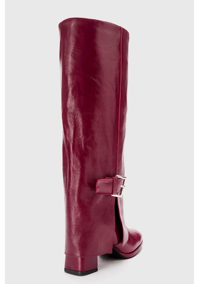 Luvishoes Lojo Bordo Kırışık Rugan Hakiki Deri Tokalı Kadın Kalın Topuklu Çizme Bordo
