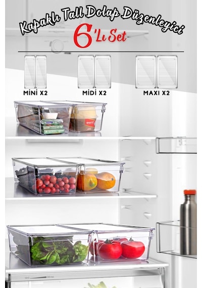 Nandy Home Kapaklı 6'lı Set Tall Clear Buzdolabı & Dolap Içi Düzenleyici Organizer Şeffaf