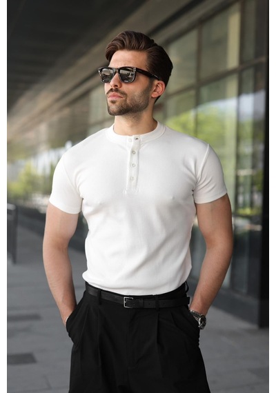 Madmext Ekru Slim Fit Hakim Yaka Triko Erkek Tişört E7189