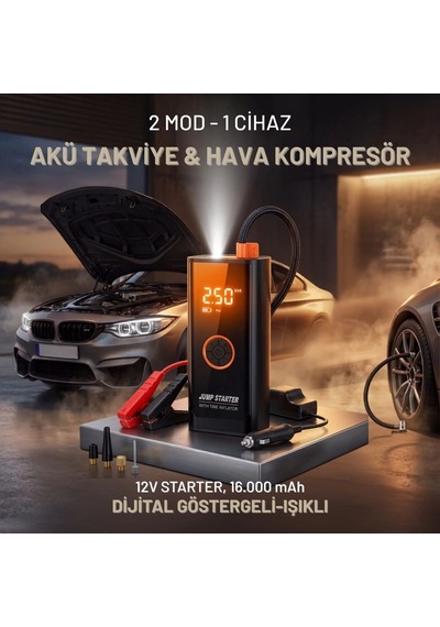 Akü Takviye Cihazı Ve Lastik Şişirme Pompası Powerbank Özellikli, Dijital Ekranlı Sos Fenerli Taşı
