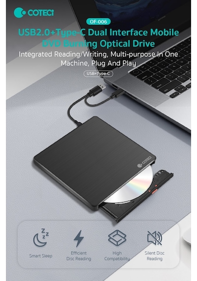 Özel Seri Coteci Çift Bağlantılı Usb 2.0 Type-c Harici Dvd Rw Yazıcı Çalışma Cihaz Medya
