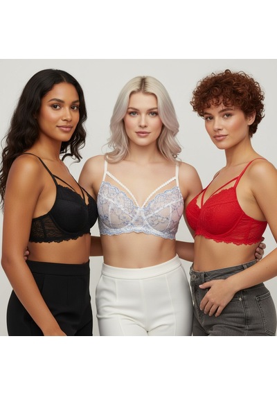 Bonbon Kadın Kapsız Dantelli 3 Renk 3'lü Paket Sütyen Bb2375 Desenli