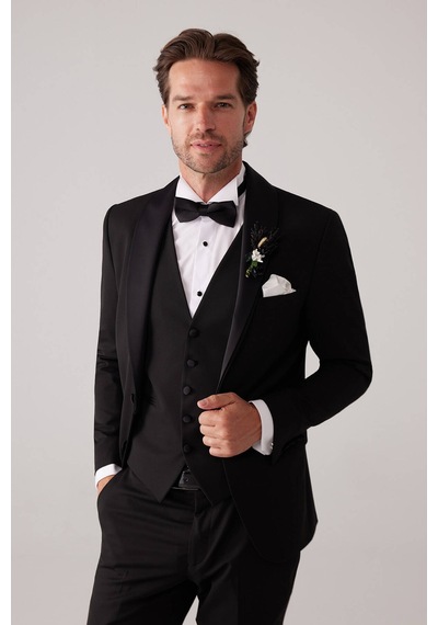 Ysf Erkek Siyah Mono Yaka Slim Fit Yelekli Damatlık