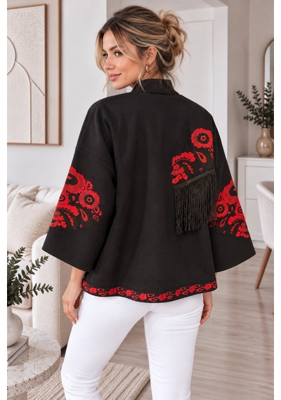 Lima Lacivert Kadın Nakışlı Ceket Etnik Desenli Püskül Detaylı Kimono Ceket