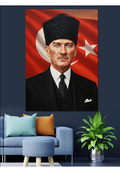 Türk Bayraklı Mustafa Kemal Atatürk Dekoratif Kanvas - Mdf Ahşap Tablo
