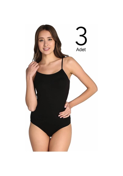 Tutku Kadın Siyah 3'lü Paket İp Askılı Likralı Kancalı Çıtçıtlı Body Siyah