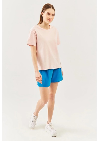 Kadın Oversize Rahat %100 Pamuklu Penye Bisiklet Yaka Kısa Kol Basic T-shirt Pudra
