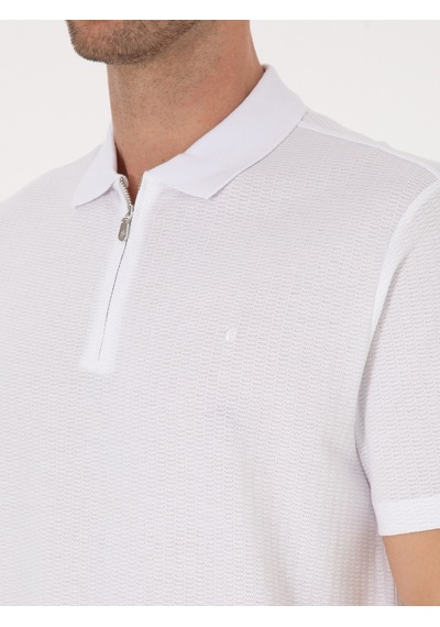Beyaz Regular Fit %100 Pamuk Fermuarlı Polo Yaka T-shirt