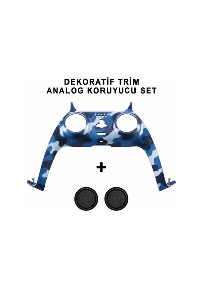 Ps5 Dekoratif Trim Analog Koruyucu Silikon Kılıf Set Playstation 5 Dualsense Renkli Ön Şerit Aksesuar Kamuflaj Mavi 3 Adet