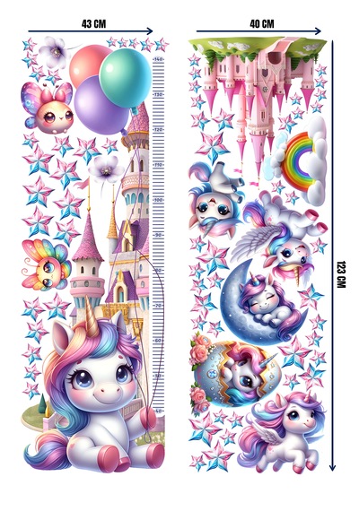 Unicorn Temalı Gökkuşağı Renkli Boy Ölçerli Duvar Sticker Seti - Mat, Sökülebilir, Çocuk Odası Dekoru 01