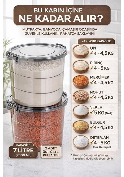 Tr Mega Boy 2li Yuvarlak Un Bakliyat Kabı - Kulplu Deterjanlık Saklama Kutusu 7 Litre Antrasit Diğer