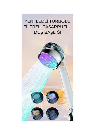 Led Işıklı Turbo Renkli Pervaneli Filtreli Su Tasarruflu Duş Başlığı Çok Renkli
