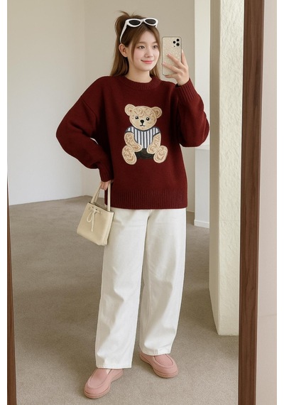 Fashion Friends Bisiklet Yaka Nakışlı Bordo Kadın Kazak 25k0314k1