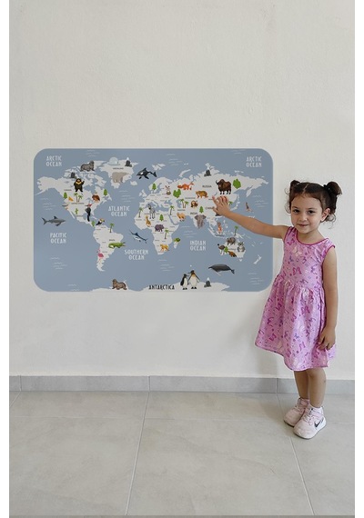 Eğitici Dünya Haritası Dünya Atlası Çocuk Ve Bebek Odası Duvar Sticker-60x105-3789 - Renkli Çok Renkli